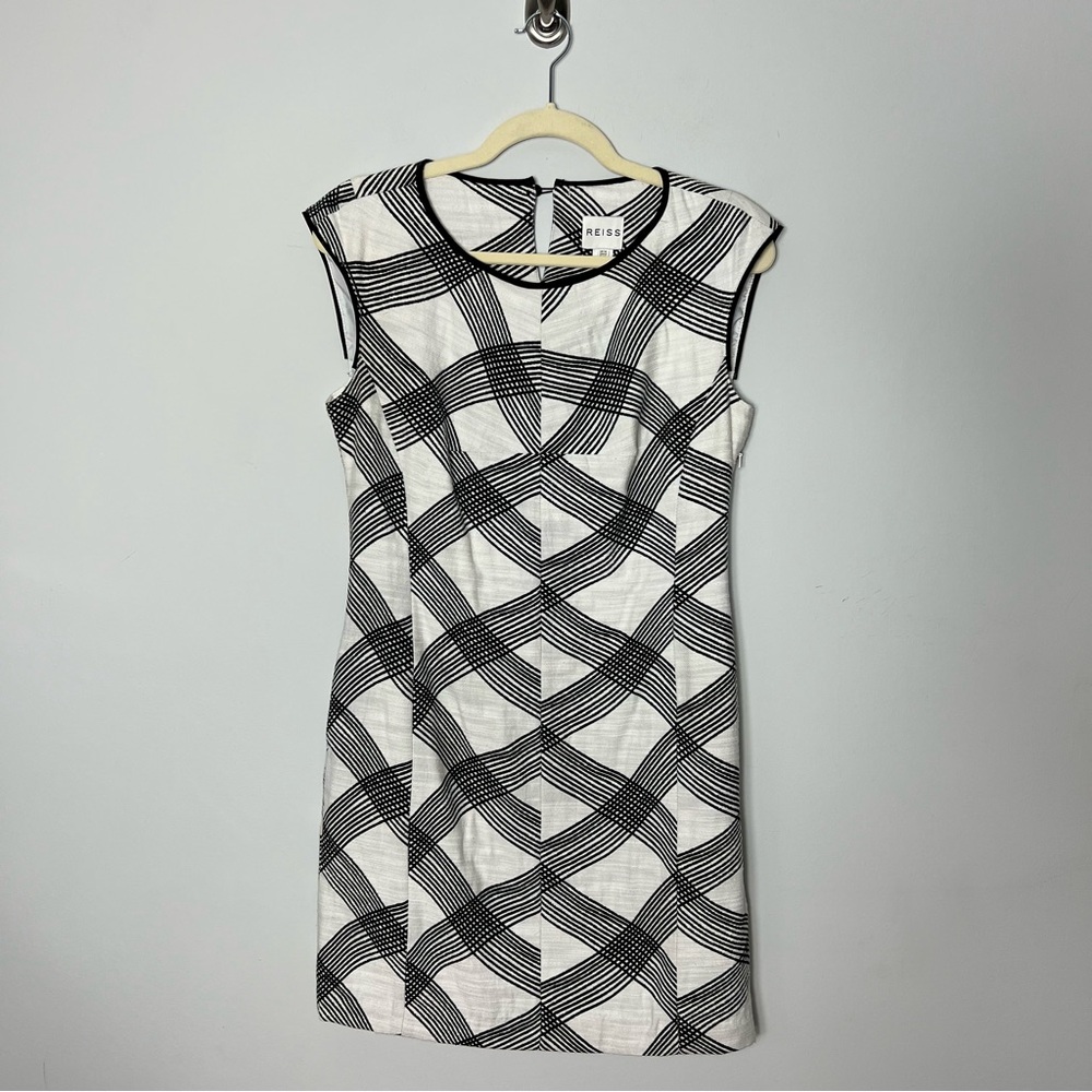 Reiss Black and White Dress Geometric Sleeveless Knee Length Cotton 559